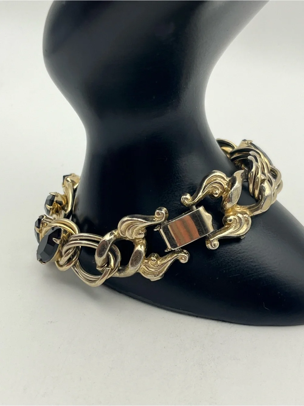 Dark navette rhinestone gold tone chunky link vintage bracelet